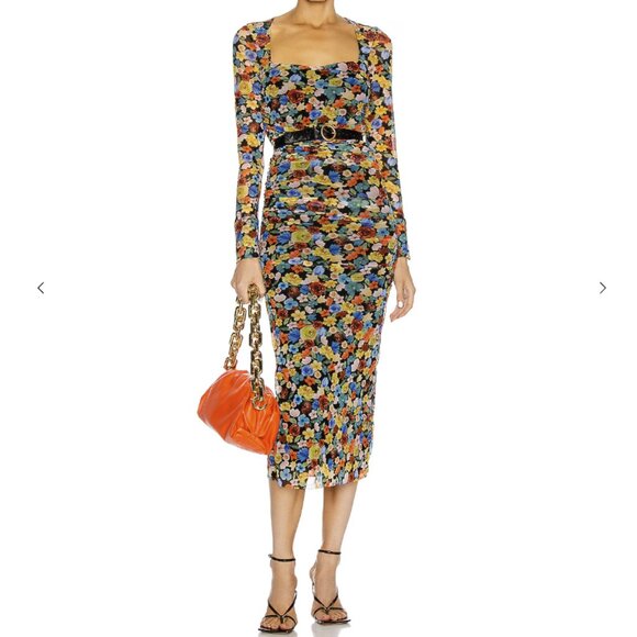 Ganni Dresses & Skirts - GANNI Colorful Floral SquareNeck Long Sleeve Ruched Stretch Mesh Midi Dress Sz L